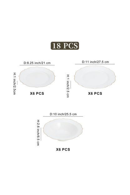 Set masă 18 piese porțelan Dubai, alb cu bordură aurie, 6 persoane