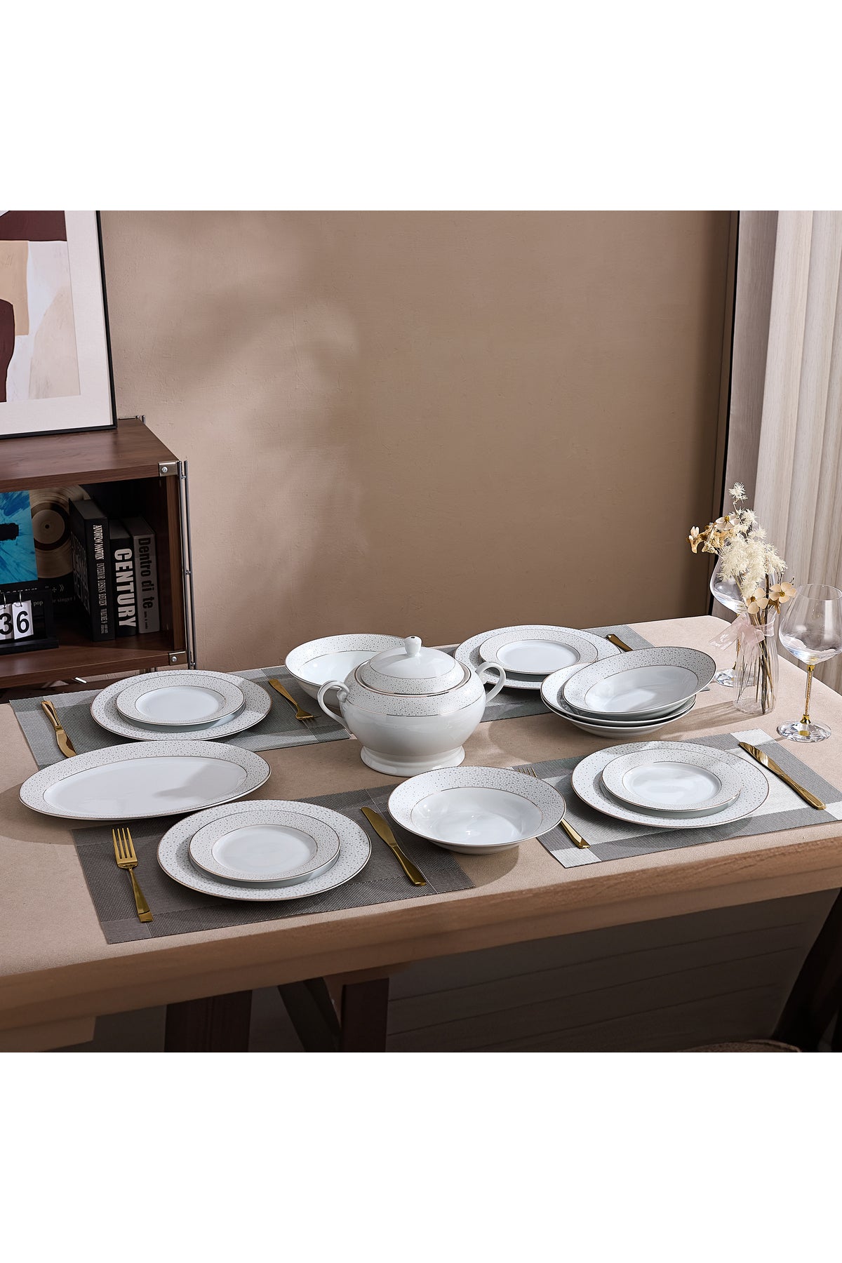 Serviciu de Masă 12 Persoane Golden Stardust din Porțelan 40 piese, Design Modern cu Puncte Aurii