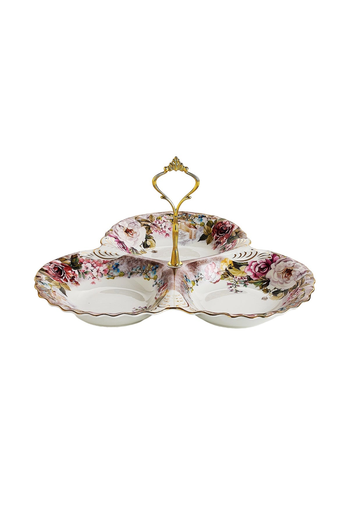 Platou compartimentat 3 secțiuni porțelan, model floral vintage, mâner auriu
