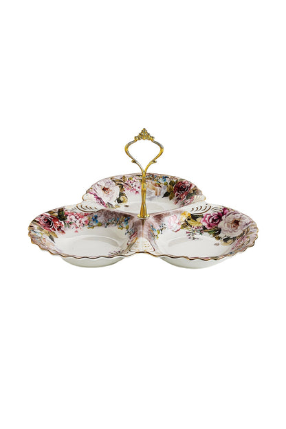 Platou compartimentat 3 secțiuni porțelan, model floral vintage, mâner auriu
