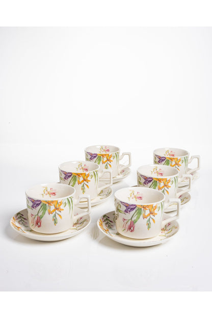 Set 6 cești cafea Tropical – porțelan floral exotic, 12 piese cu farfurioare