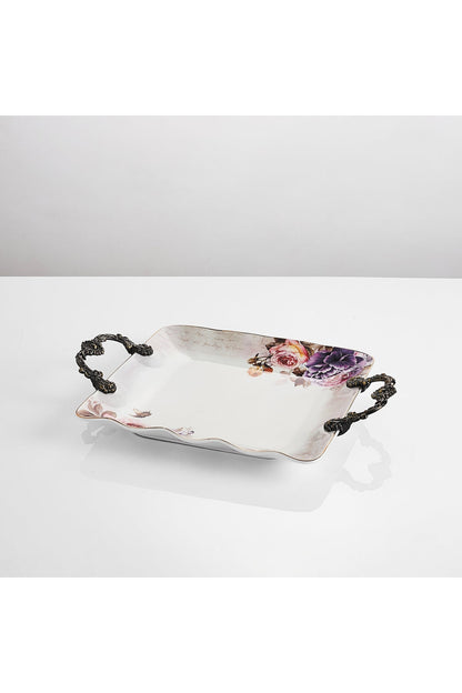 Tavă servire porțelan model floral vintage, mânere metalice bronz, 34.5 cm