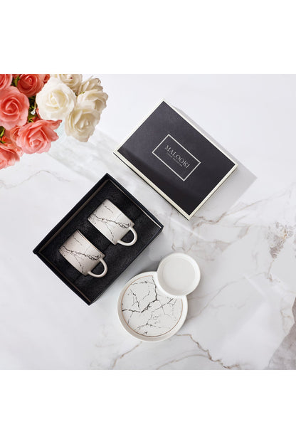 Set 2 cești de cafea din porțelan cu farfurioare duble pentru gustări, 180 ml - Alb