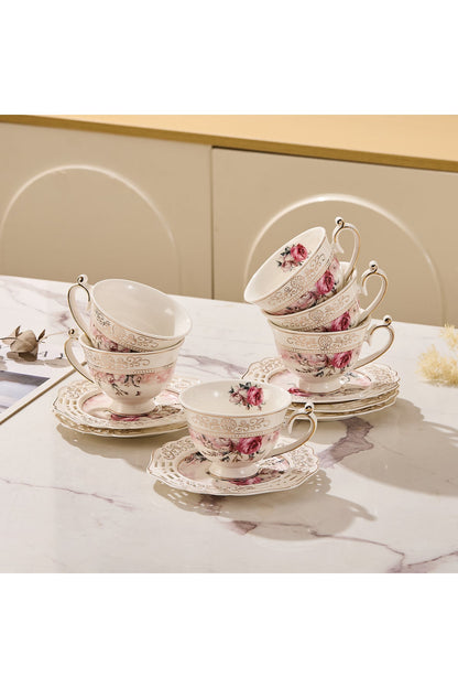 Set 6 cești espresso cu 6 farfurioare rotunde porțelan 90 ml – model floral elegant