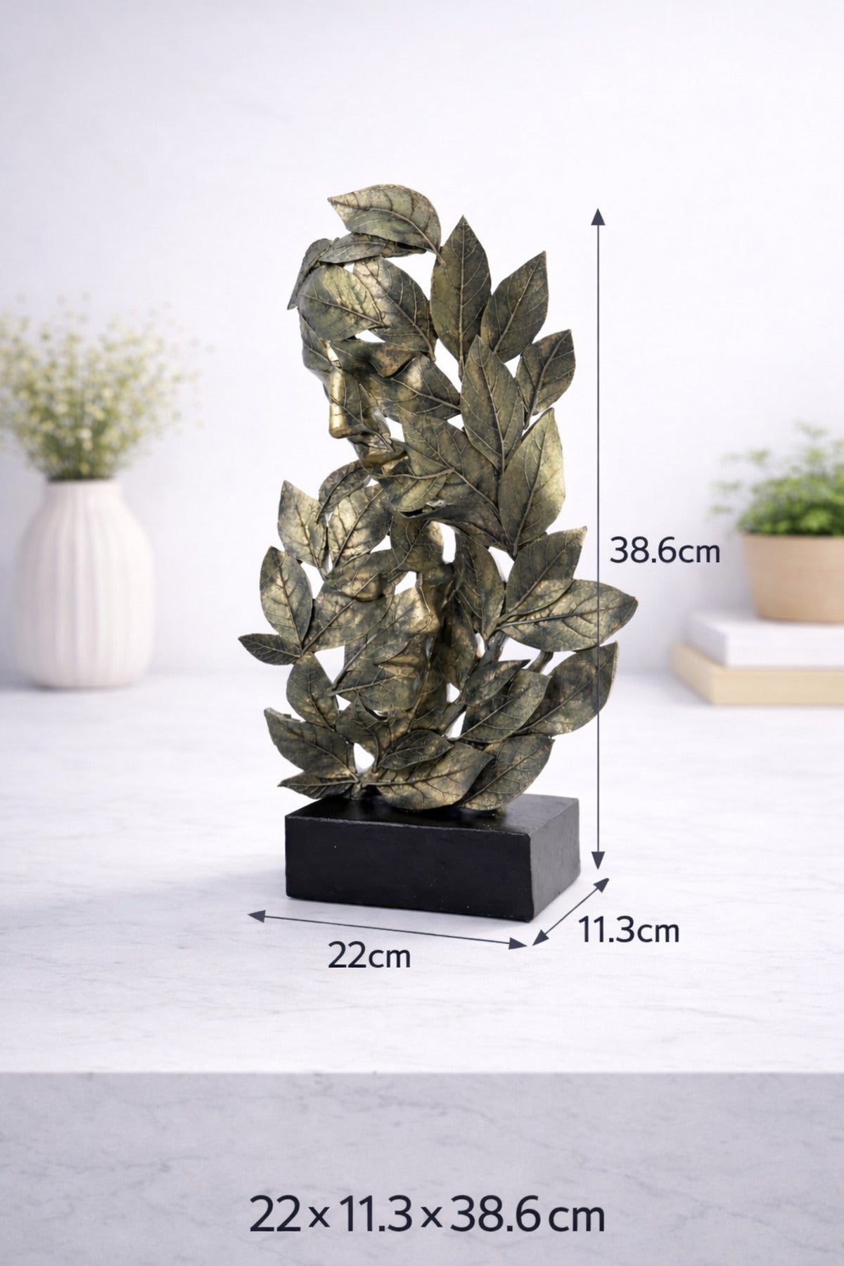 Statuetă Decorativă "Silhouette" cu Chip și Frunze în Finisaj Bronz – 39 cm