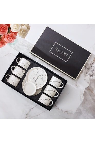 Set 6 cești de cafea din porțelan cu farfurioare duble pentru gustări, 180 ml - Alb