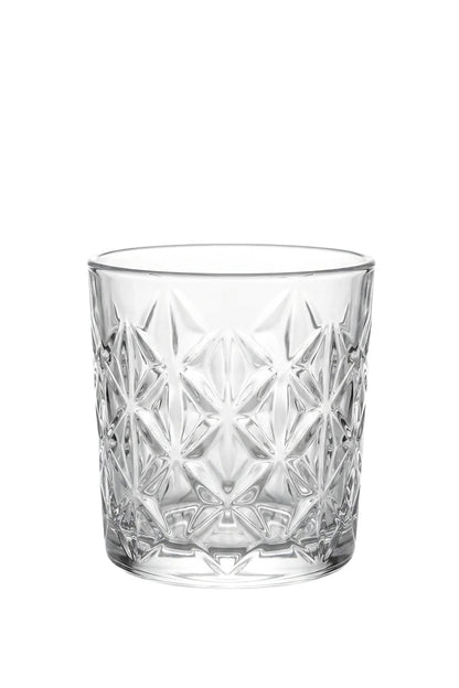 Set 6 pahare whisky sticlă Star, model stea gravat, 340ml, transparent