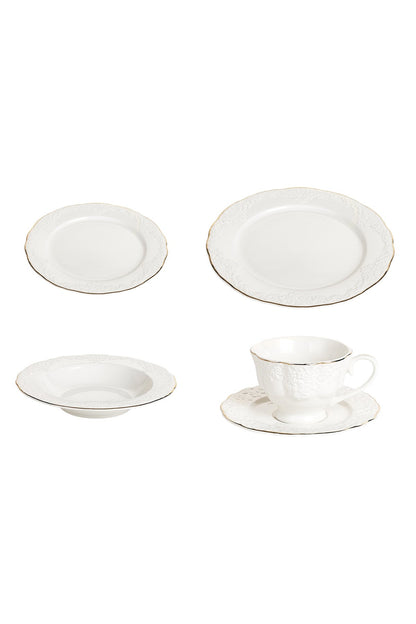 Set "antic" farfurii și cești din porțelan, 30 piese, 6 persoane, decorat în relief, margine aurie
