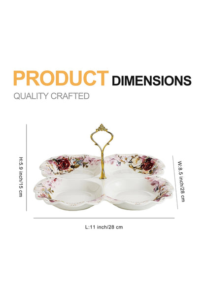 Platou compartimentat 4 secțiuni porțelan model floral vintage, mâner auriu