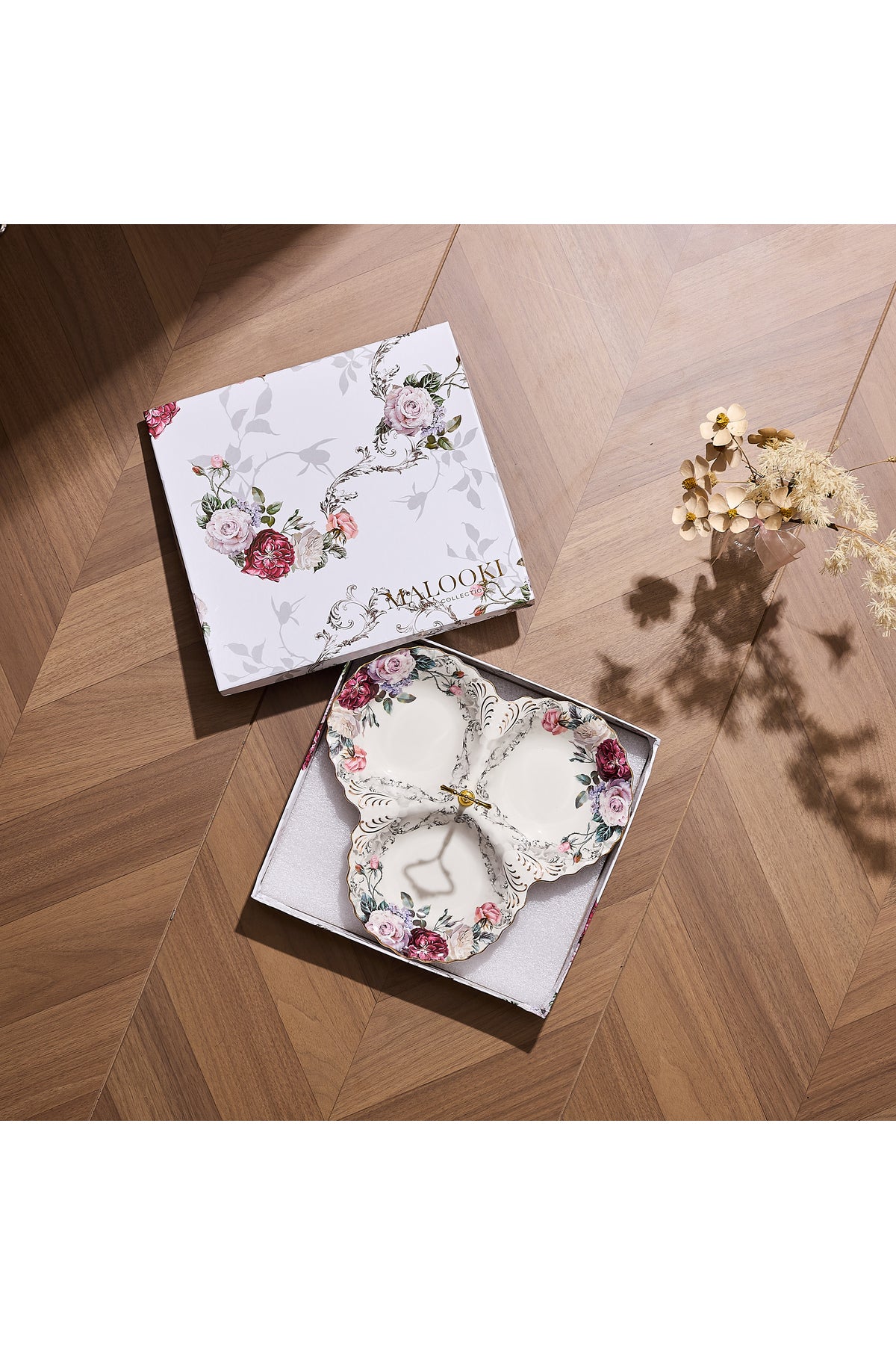 Platou compartimentat 3 secțiuni porțelan, model floral vintage, mâner auriu