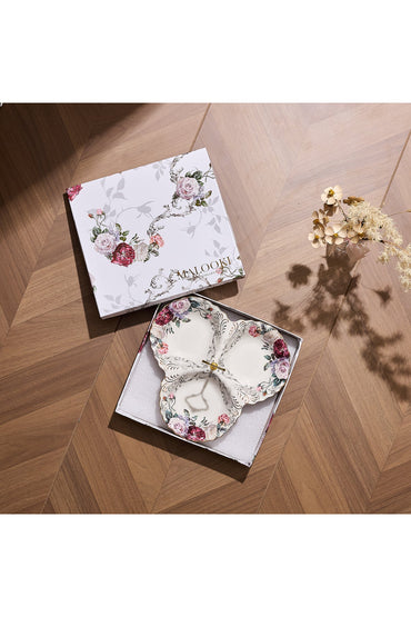 Platou compartimentat 3 secțiuni porțelan, model floral vintage, mâner auriu