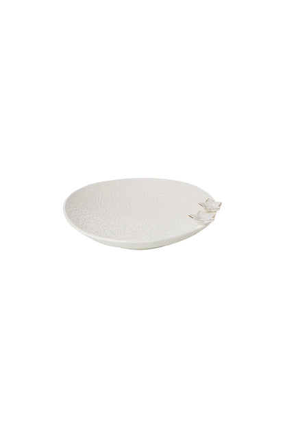 Platou Decorativ din Porțelan Alb cu Textură de Piatră și Detalii Florale - 26 cm