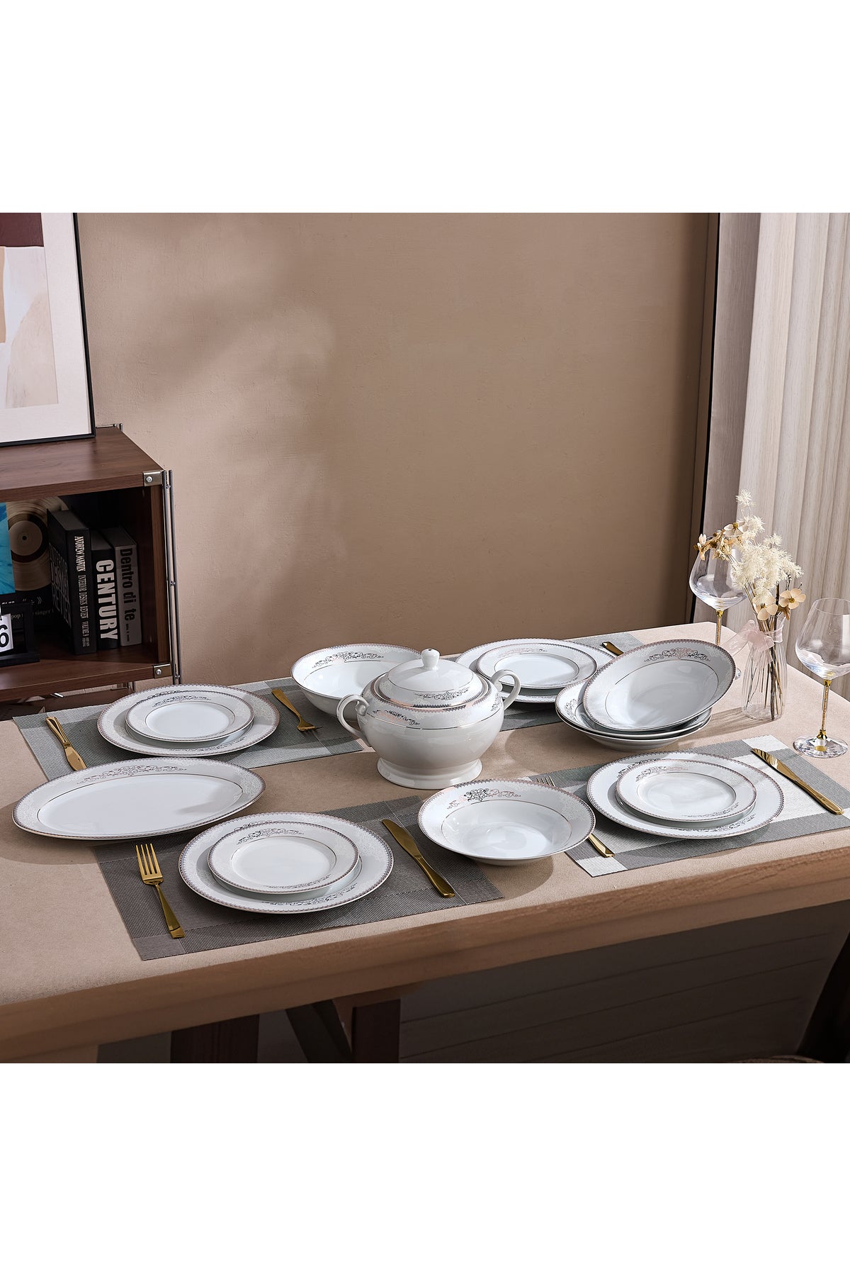 Serviciu de Masă 12 Persoane Silver & Gold Filigree din Porțelan 40 Piese, Design Baroc Bicolor