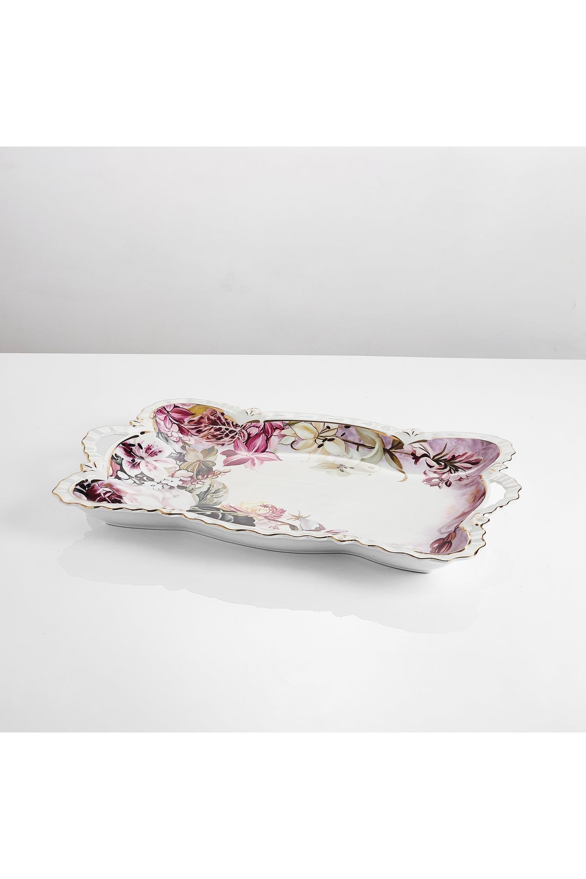 Tavă servire porțelan model floral vintage, mânere integrate, 42 x 27 cm