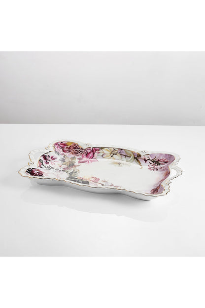 Tavă servire porțelan model floral vintage, mânere integrate, 42 x 27 cm