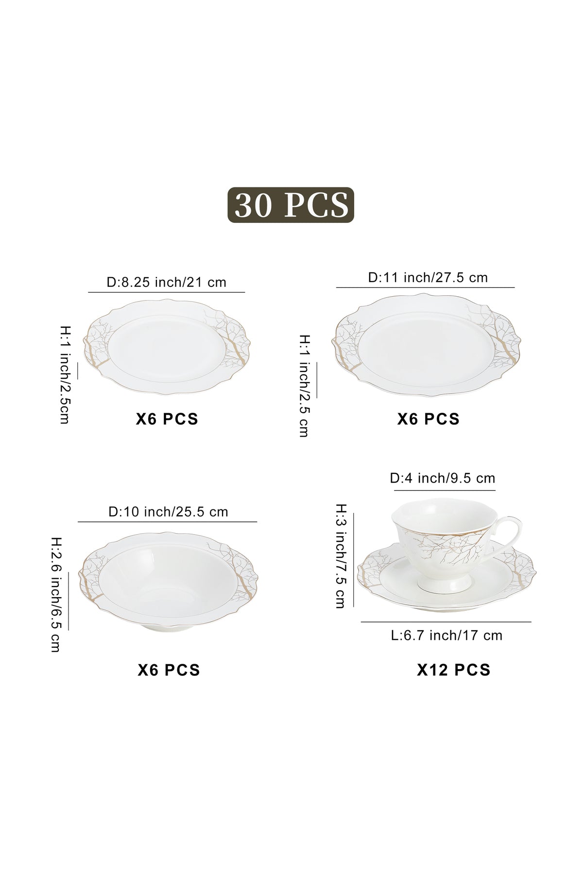 Set masă 30 piese porțelan Lifetree Lux, ramuri aurii bogate, 6 persoane