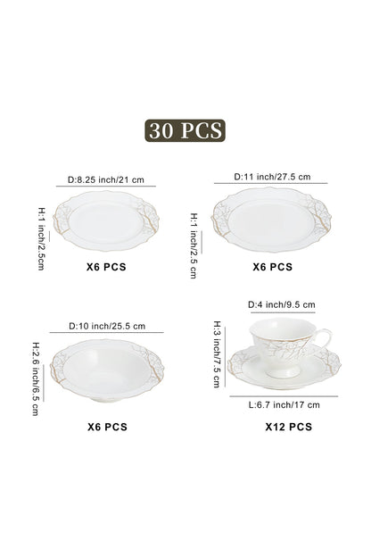 Set masă 30 piese porțelan Lifetree Lux, ramuri aurii bogate, 6 persoane
