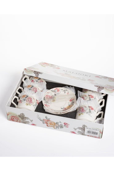 Set 6 cești cafea Romance – porțelan floral vintage cu trandafiri - 12 piese cu farfurioare
