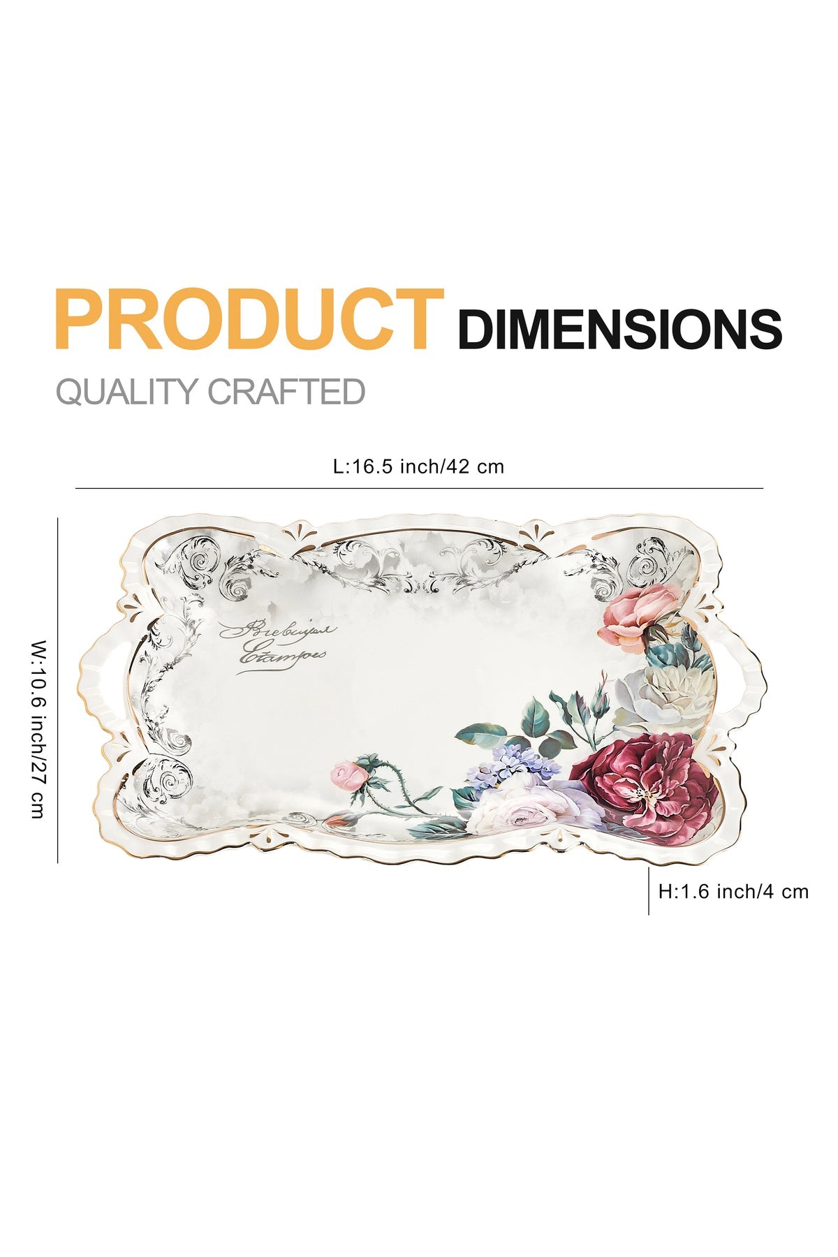 Tavă servire porțelan model floral vintage, mânere integrate, 42 x 27 cm