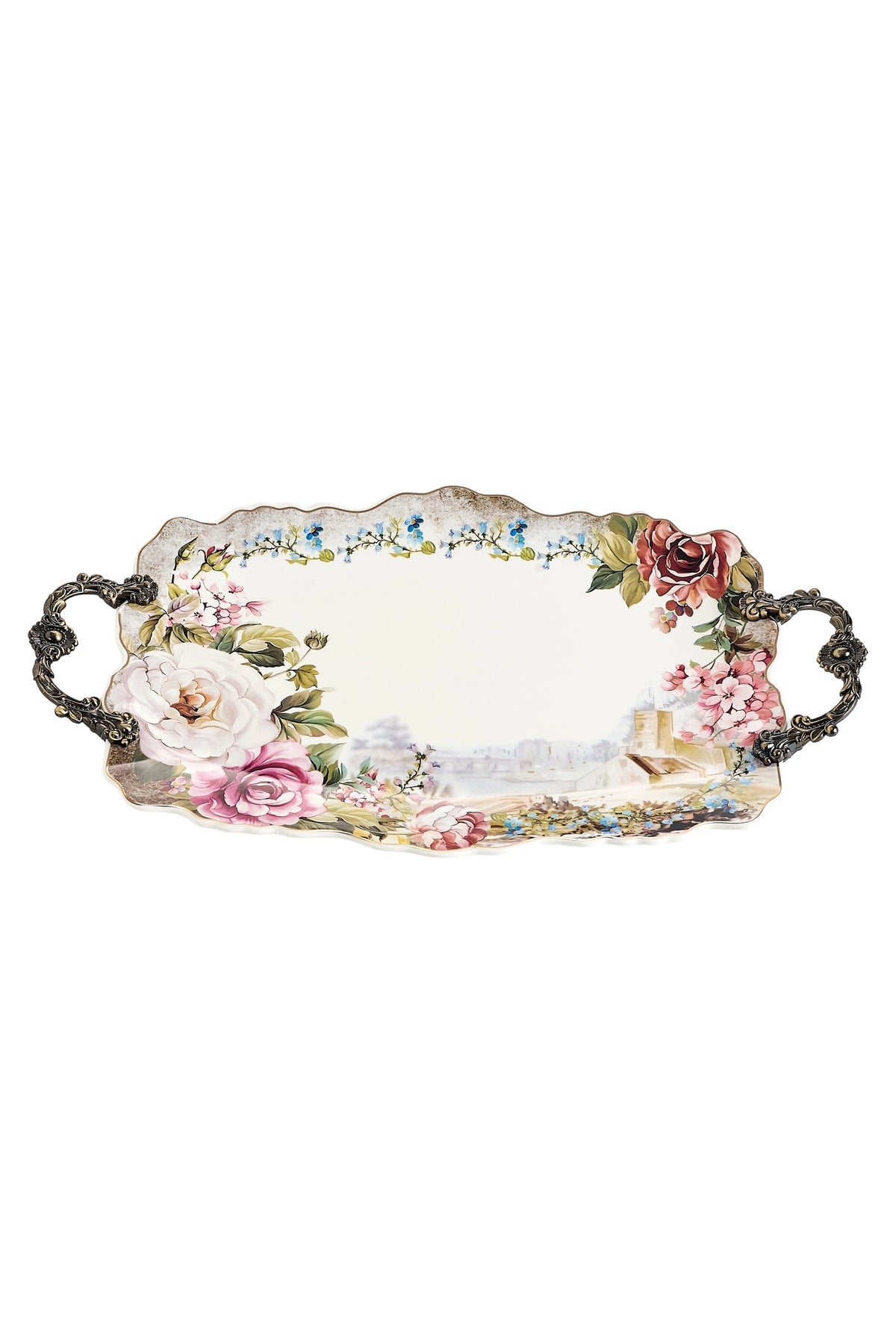 Tavă servire porțelan ovală model floral vintage, mânere metalice bronz, 44.5 cm