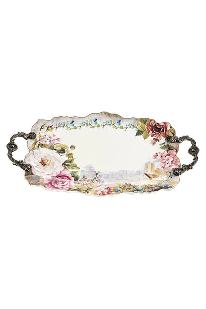 Tavă servire porțelan ovală model floral vintage, mânere metalice bronz, 44.5 cm