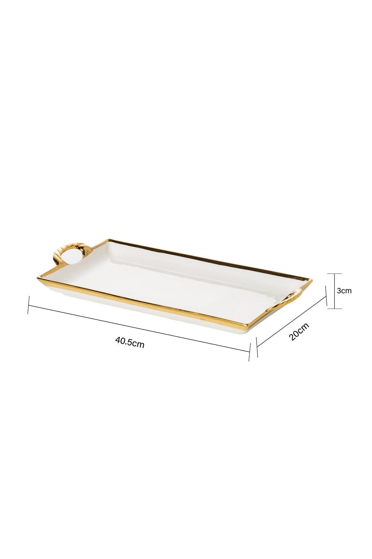 Tavă dreptunghiulară din porțelan cu mânere, Alb cu margini aurii, 40.5 cm