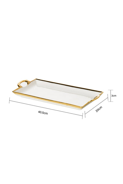 Tavă dreptunghiulară din porțelan cu mânere, Alb cu margini aurii, 40.5 cm