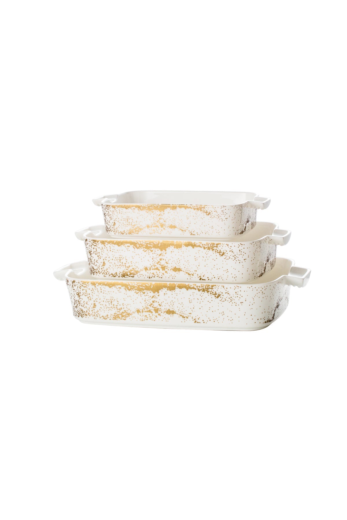 Set 3 tăvi cuptor Sprinkles – porțelan alb cu stropi aurii, rezistente la cuptor