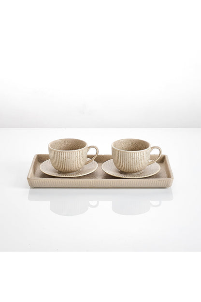 Set 2 cești cu 2 farfurioare și platou din porțelan, 190 ml - Bej nisip