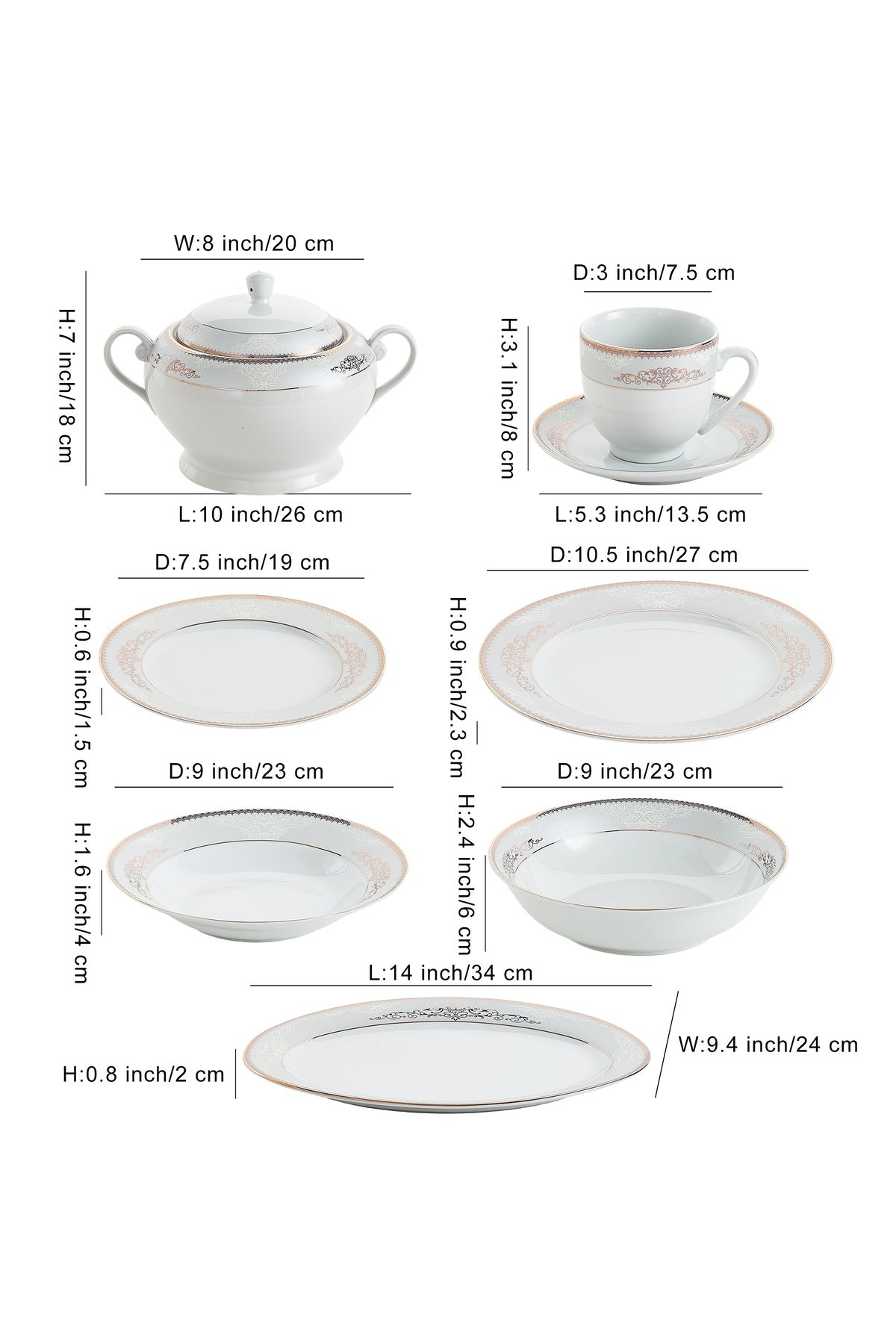 Serviciu de Masă 12 Persoane Silver & Gold Filigree din Porțelan 64 Piese, Design Baroc Bicolor