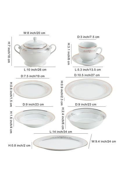 Serviciu de Masă 12 Persoane Silver & Gold Filigree din Porțelan 64 Piese, Design Baroc Bicolor