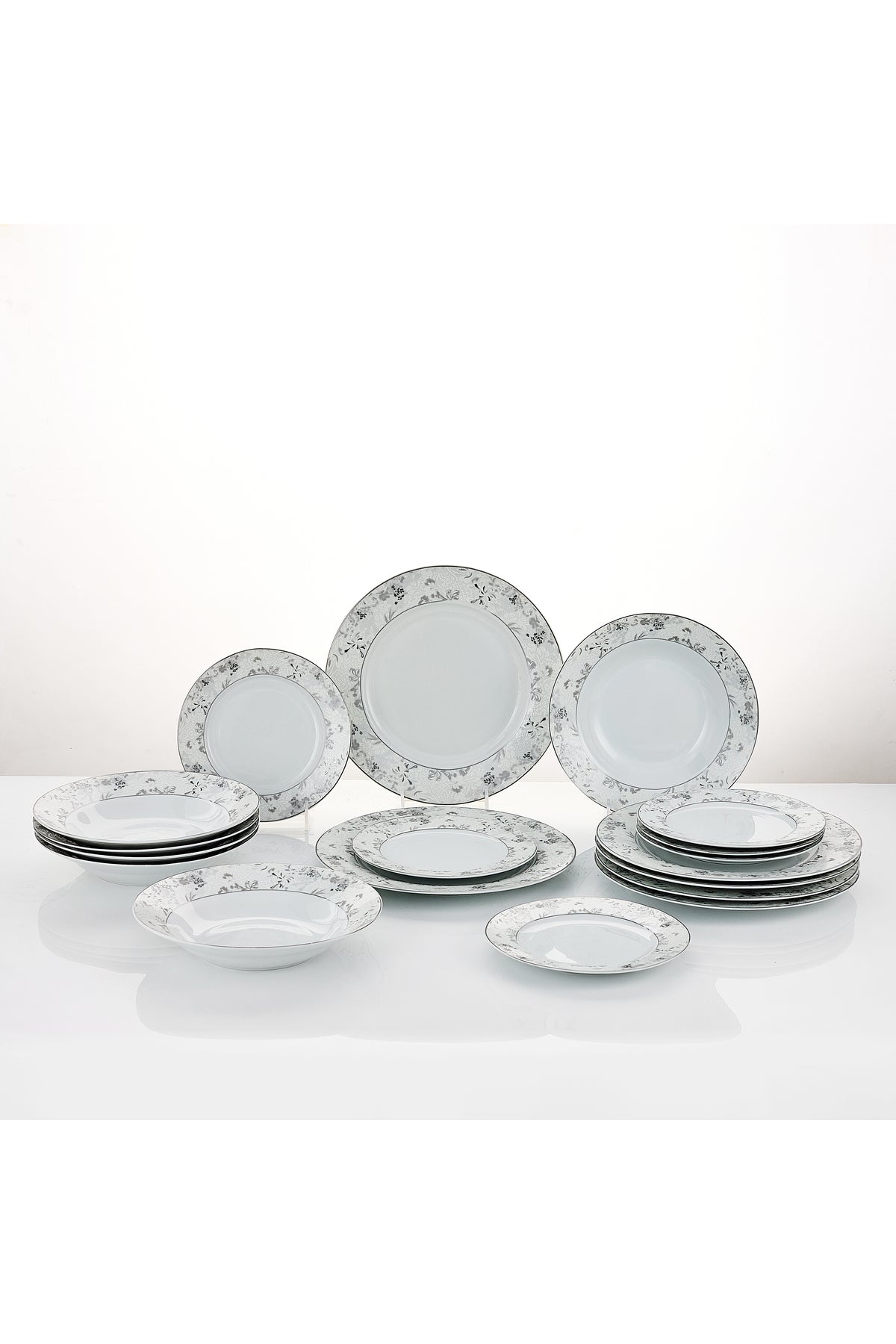 Serviciu de Masă 6 persoane Charcoal Blossom din Porțelan Premium, 18 Piese, Design Floral Dens