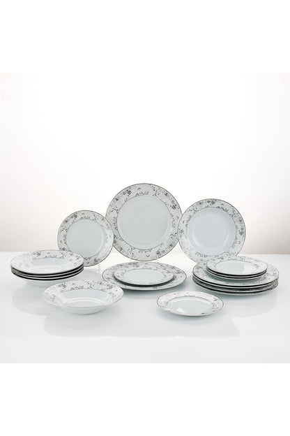 Serviciu de Masă 6 persoane Charcoal Blossom din Porțelan Premium, 18 Piese, Design Floral Dens