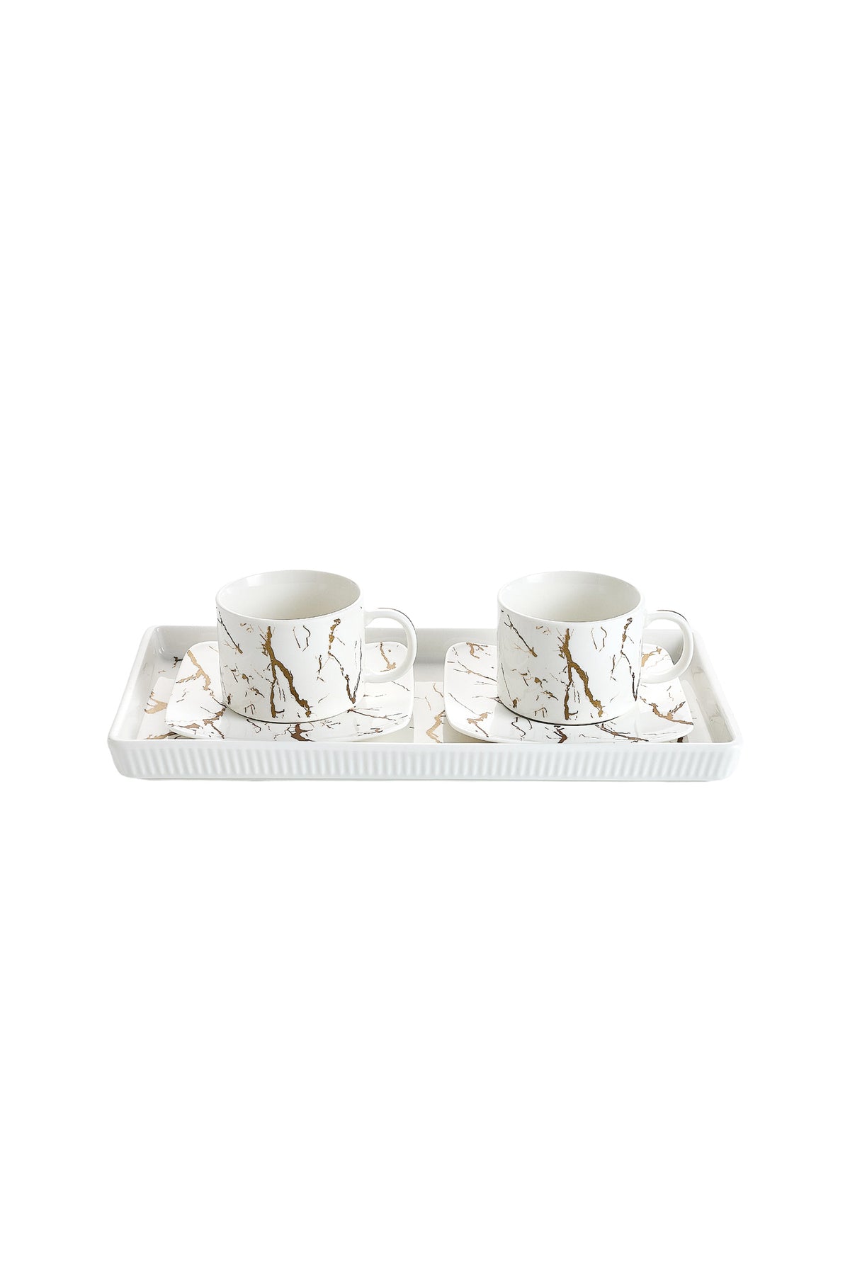 Set 2 cești cu 2 farfurioare și platou din porțelan, 180 ml - Marble collection