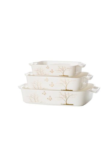 Set 3 tăvi cuptor Lifetree – porțelan alb cu copacul vieții auriu, rezistente la cuptor