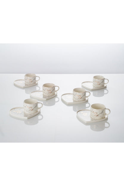 Set de 6 cești cu 6 farfurioare Inimă, porțelan, 200 ml - Alb
