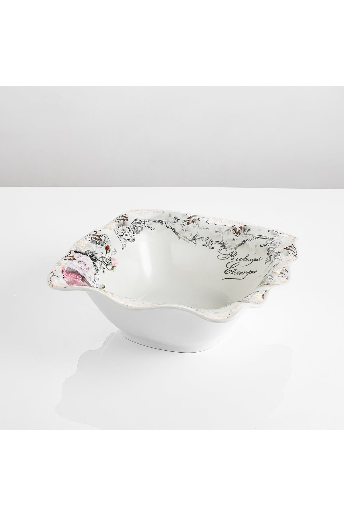 Bol porțelan model floral vintage, margini ondulate, 26.5 cm
