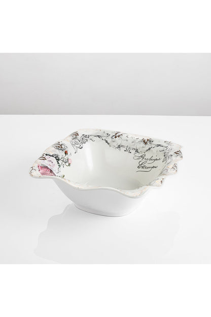 Bol porțelan model floral vintage, margini ondulate, 26.5 cm