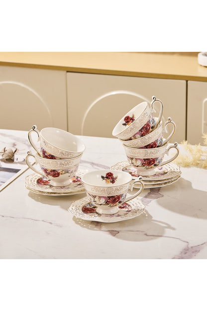 Set 6 cești espresso cu 6 farfurioare rotunde porțelan 90 ml – model floral elegant