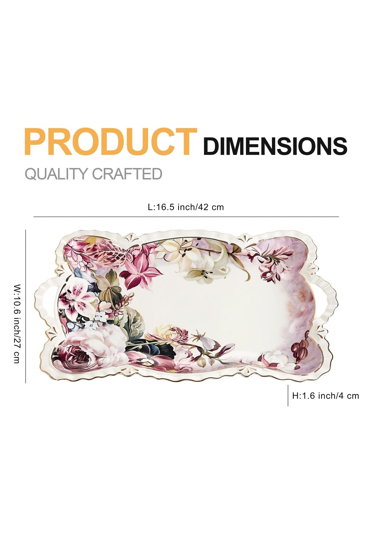 Tavă servire porțelan model floral vintage, mânere integrate, 42 x 27 cm