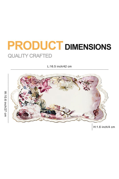 Tavă servire porțelan model floral vintage, mânere integrate, 42 x 27 cm