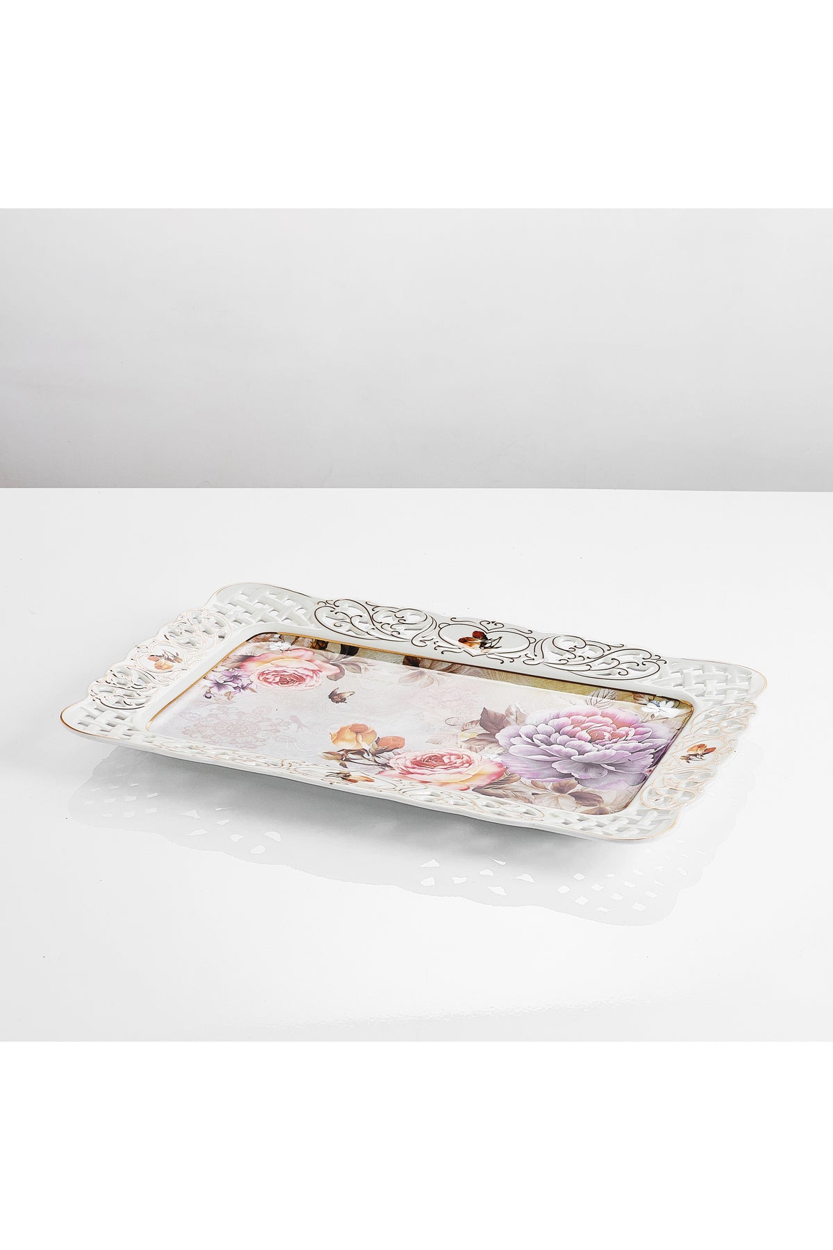 Tavă servire porțelan model floral vintage, margini dantelate decupate, 36 x 23 cm