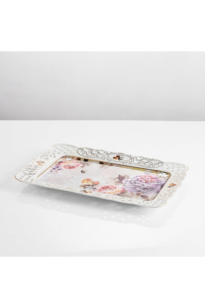 Tavă servire porțelan model floral vintage, margini dantelate decupate, 36 x 23 cm