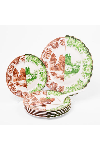 Set tort Heritage – 6 farfurii desert și farfurie mare porțelan, design rustic vintage maro și verde