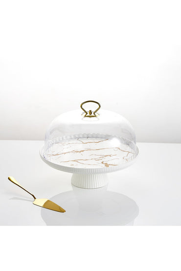 Platou tort din porțelan cu picior și capac transparent, 27.5 cm - Marble Collection