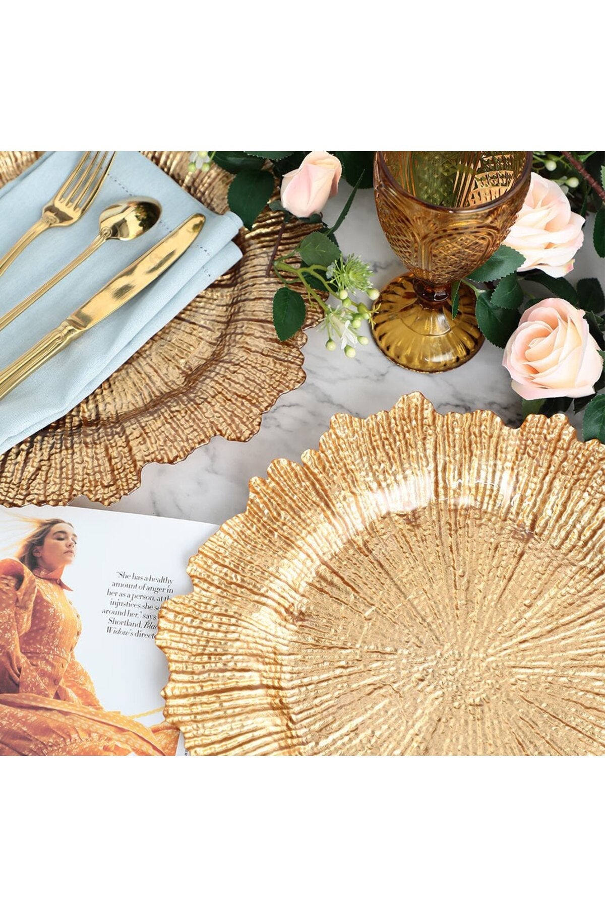 Set 6 farfurie suport decorativă sticlă, model coral auriu, Golden petal, diametru 35 cm
