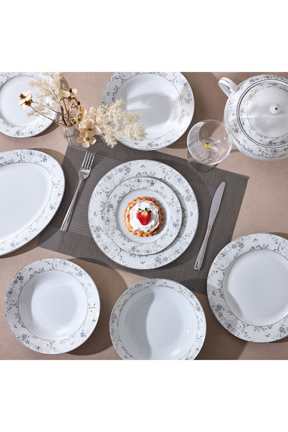 Serviciu de Masă12 Persoane Charcoal Blossom din Porțelan Premium, 64 Piese, Design Floral Dens