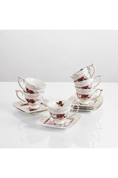 Set 6 cești espresso cu 6 farfurioare porțelan 90 ml – cești cafea model floral elegant