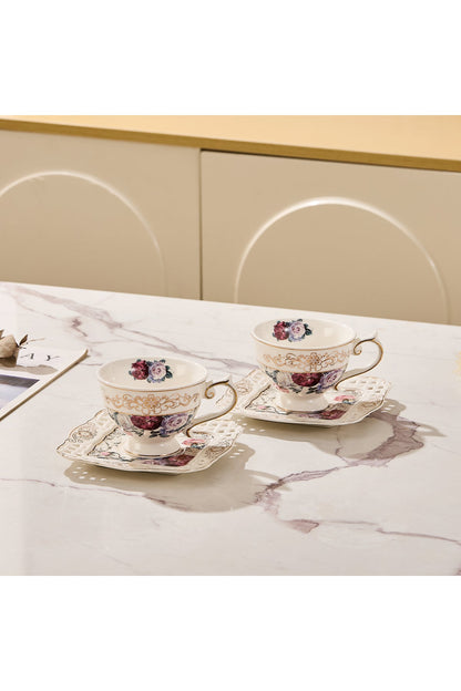 Set 2 cești cafea cu 2 farfurioare porțelan 200 ml – model floral elegant