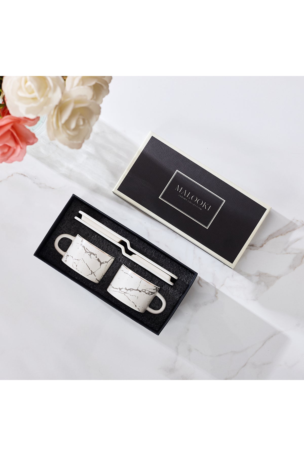 Set 2 cești espresso din porțelan cu farfurioare dreptunghiulare pentru servire, 90 ml - Alb